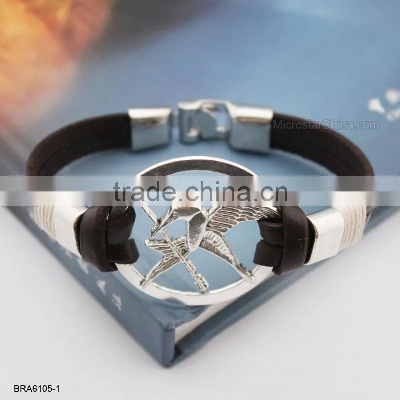 Fashion Black Leather Rudder Charm Bracelet