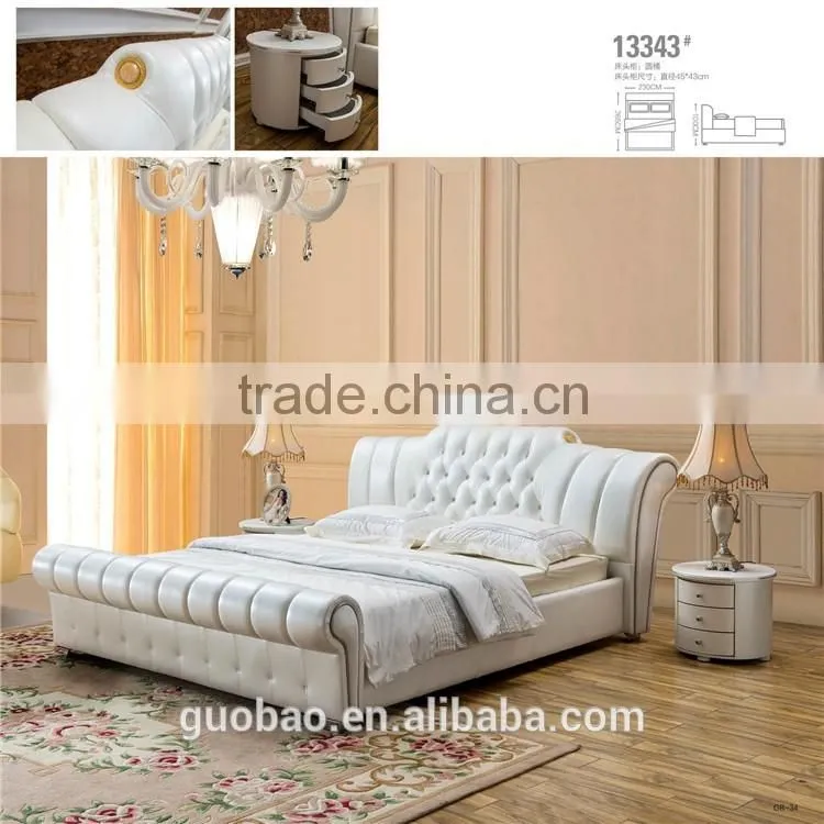 L13343 hot selling king size bed/leather bed supplier/white genuine leather diamond bed