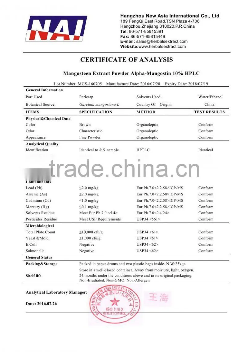 Pure Mangosteen Fruit,Alpha-Mangostin 10%, 20%, 30%,40% HPLC,ID 100%,Low Contaminants of Aflatoxin,PAHs,Non-Irradiation