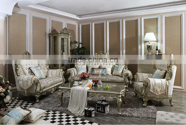 French Royal Champagne Gold Wooden Upholstery Sofa Set, Villa 1+2+3 Sofa Furniture(MOQ=1 SET)