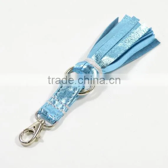 Handmade Metallic Blue Leather Tassel Keychain Keyring Charm for Women Handbag Wallet Accessories