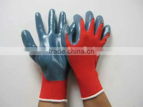 13G Red Nylon Polyester Knitted Grey Nitrile Palm Coated Safety Gloves