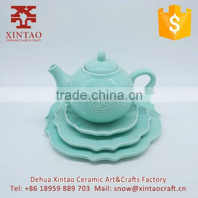 Blue elegant porcelain embossed flower ceramic tea pot