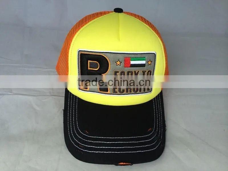 High quanlity 5 panel trucker caps and hats with flocking embroidery