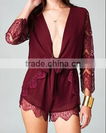 2015 new stylish sexy ladies Deep V neck open front romper playsuit lace sleeve short jumpsuit