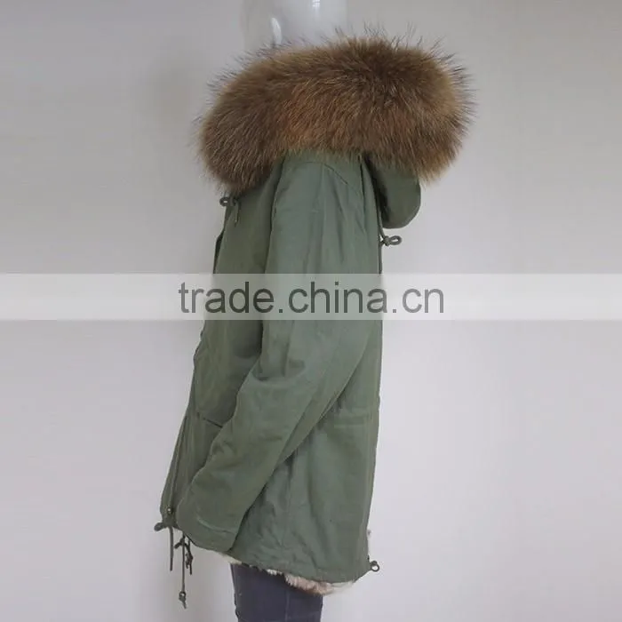 Myfur European Fashion Adults Fur Parka With Faux Fur Lining Real Raccoon Fur Hooded