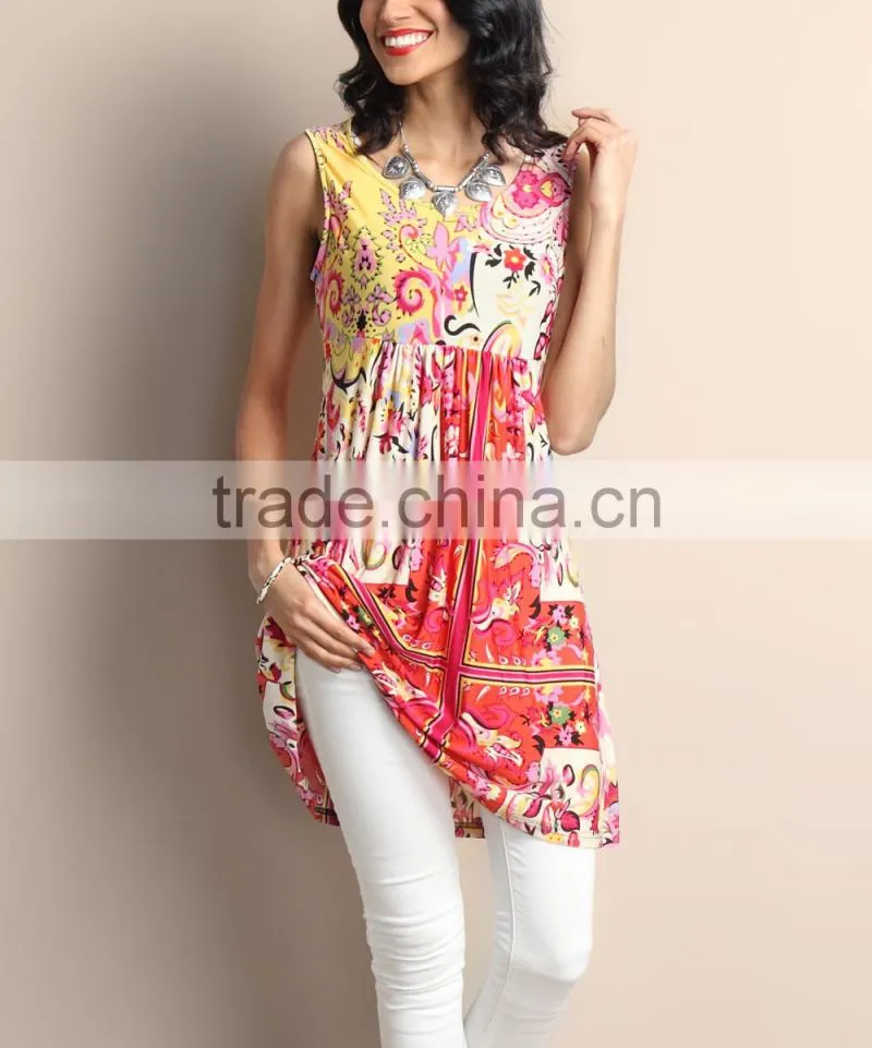 Newest Women Casual Dress With Orange Paisley Empire-Waist Sleeveless Tunic Dress Women Dresses Women Clothing GD90426-27