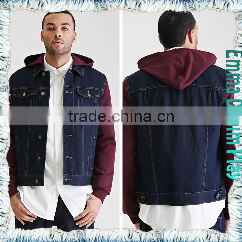 Stylish Denim Long Red Cotton Sleeves Hood Jackets for Men