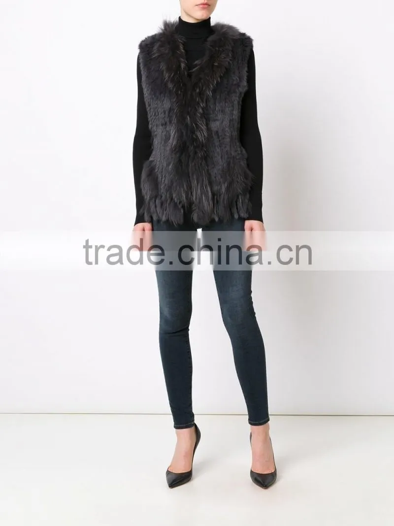 YR006A New Arrive Real Rabbit and Raccoon Hand Knit Vest with Tassels Top Sales Fur Gilet