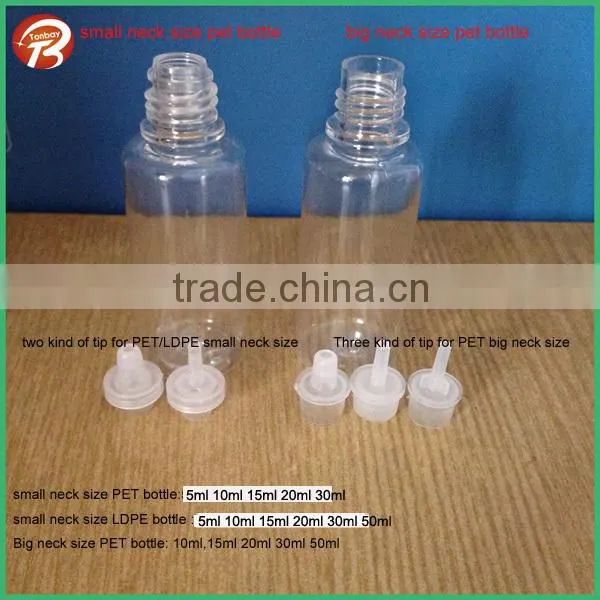 10ml 15ml 20ml 30ml 50ml empty plastic clear PET e liquid bottle with three holder tips&childproof cap engraved triangle sign