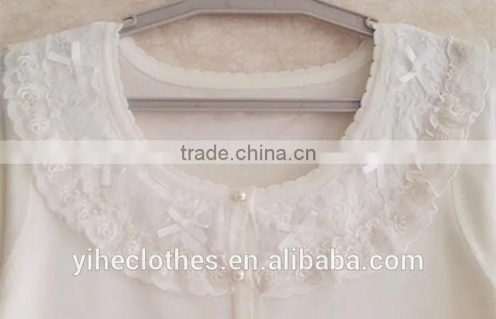 Pure color long sleeve teenager knitting wear white lace falbala neckline sweater cardigan