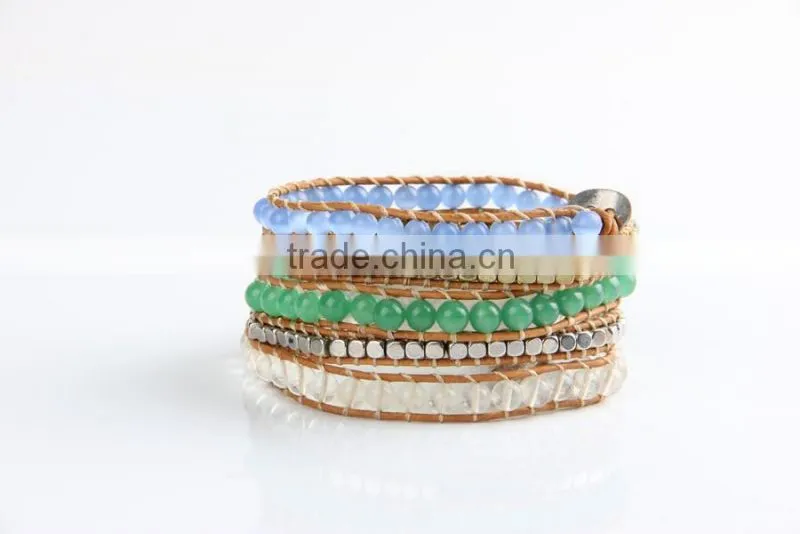 Leather Cord Glass Beads 5 Loops Bracelets, with Acrylic Beads and Stainless Steel Clasps