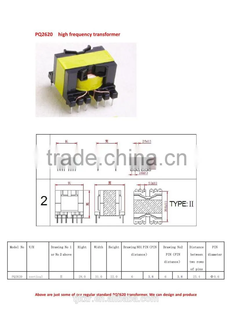 CE, ROHS approved, PQ2620 high frequency transformer