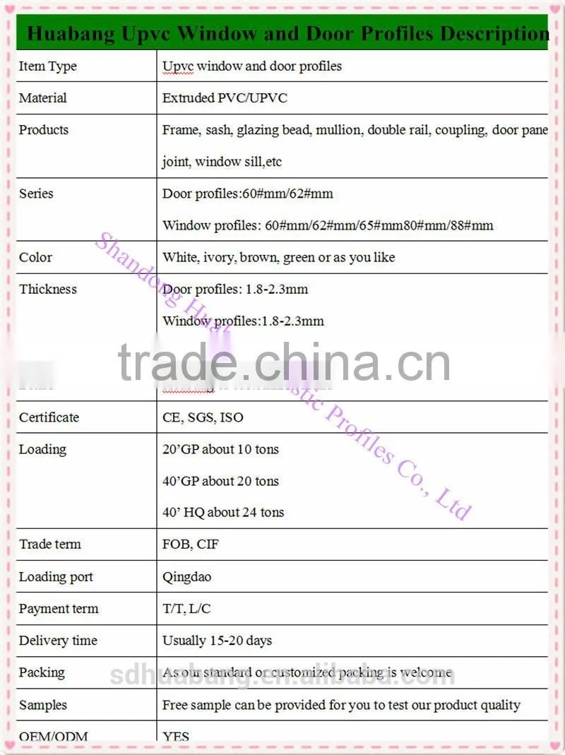 good quality huabang upvc profile window and door /80 glazing bead/