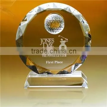 Wholesale custom round shape crystal glass golf trophy plaque for sports souvenir