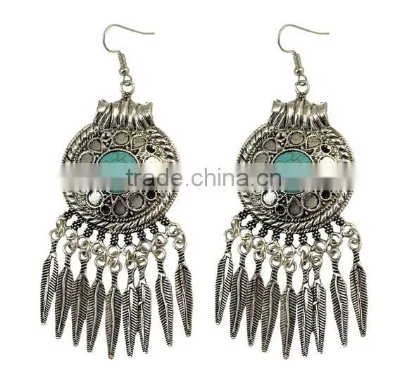 2016 Bohemian Fringed Leaves Tassels Vintage Turquoise Earrings