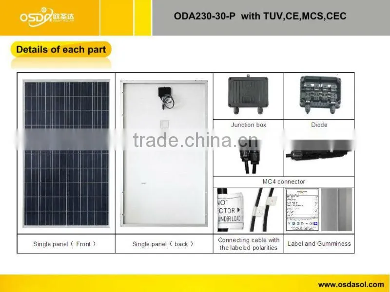 TUV MCS CEC certificated polycrystalline 230W solar panel