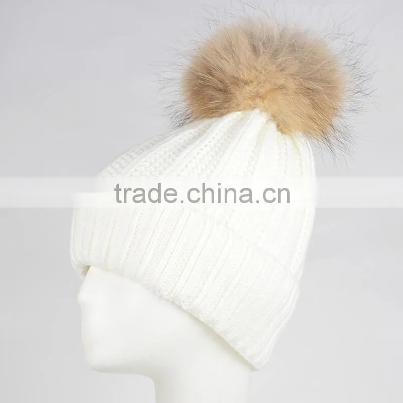 Winter Women Raccoon Fur Pom Pom Bobble Knit Braided Hat