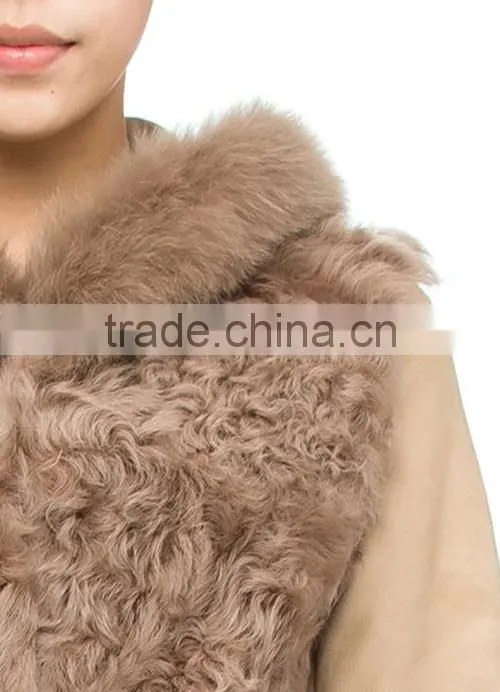 Popular women sheepskin winter hooded coat with fox fur