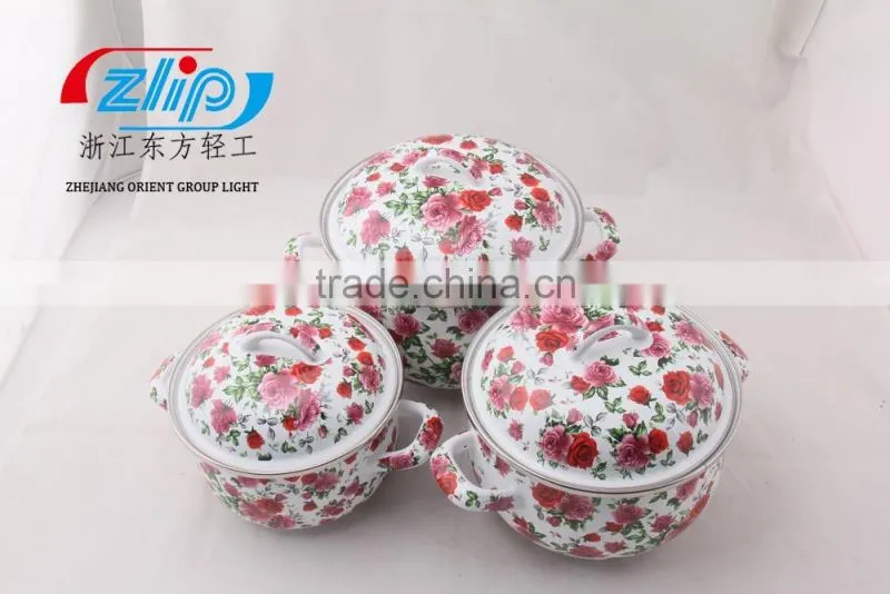 3 PCS ENAMEL CASSEROLE FULL OF FLOWER