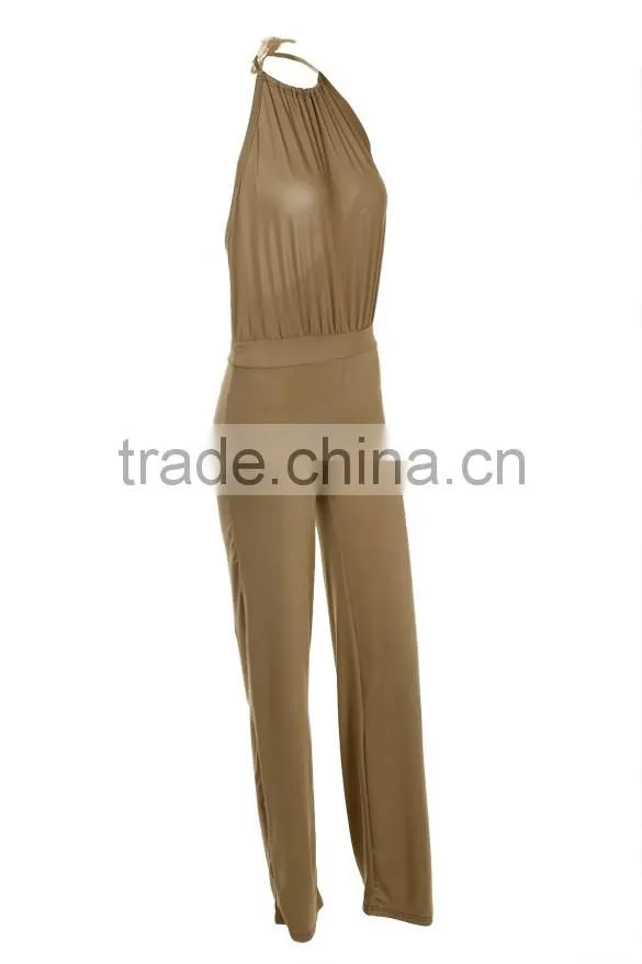 Wholesale Custom Lady Women's Fashion Casual Halter Off-shoulder Backless Sexy Solid Evening Long Romper And Jumpsuit For Woman