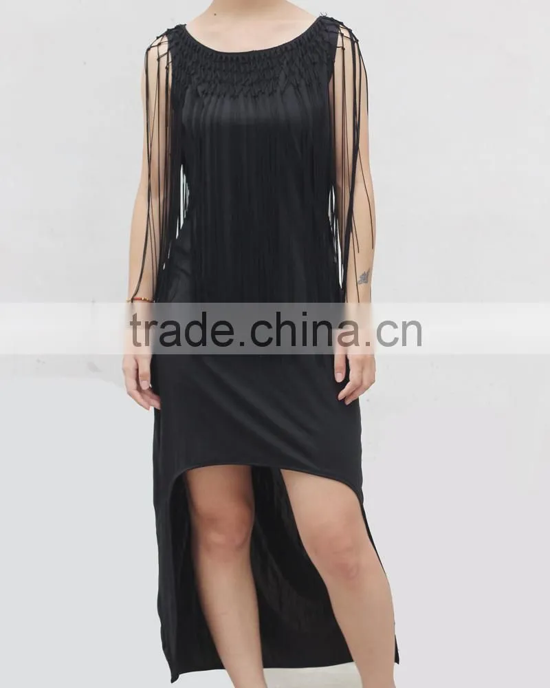 Top quality women fashion swallow tail dress,professional design ladies casual dresses with fringe