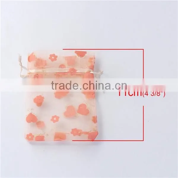 Personalized Rectangle Orange-red Heart Pattern Drawstring Organza Jewelry Bags
