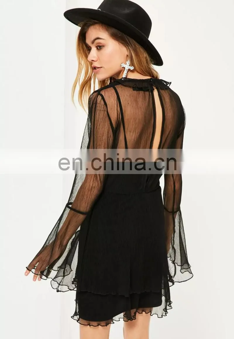 OEM Lady Clothes Black Pleated Layered Shift Dress 2017