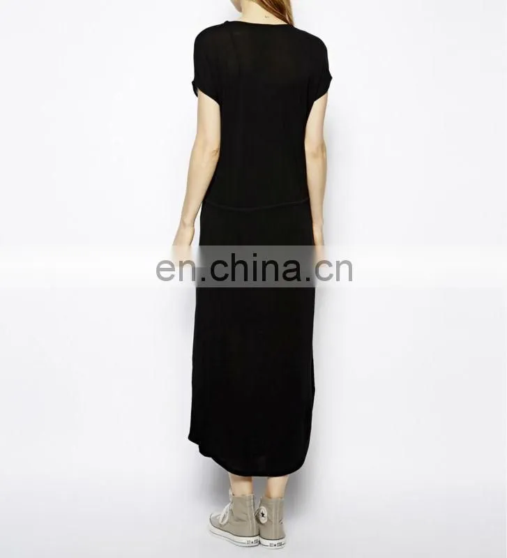 CHEFON Plain black maxi dress with Drawstring Waist