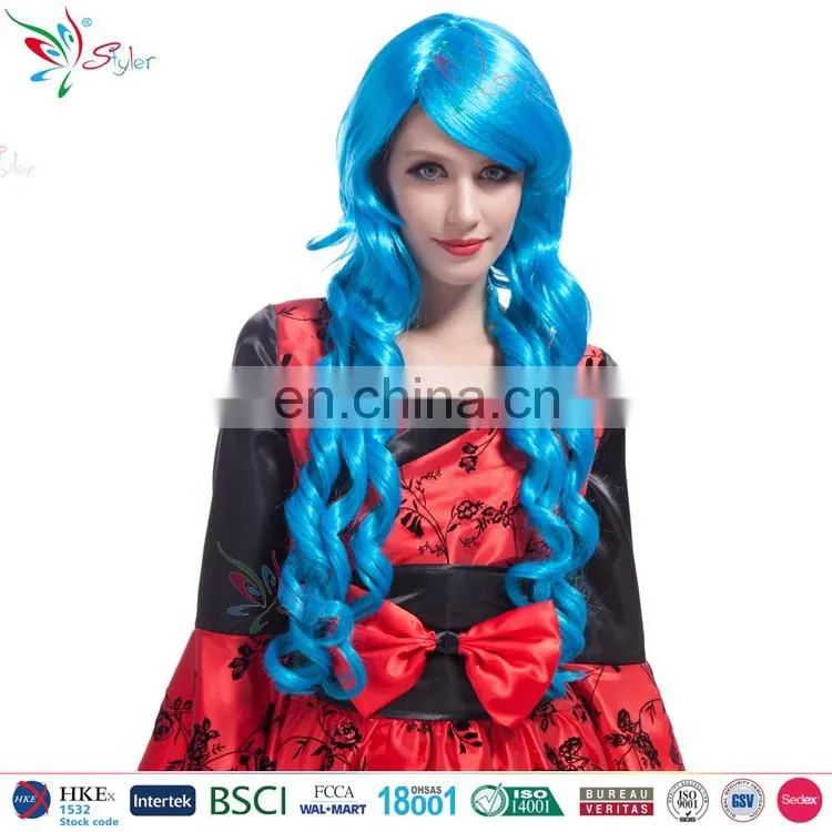 fashion women synthetic hair blue and pink long deep curly wig