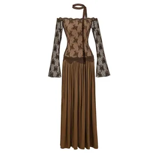 Pure Desire Style Off-shoulder Lace Patched Faux Two-piece Long Sleeve Dress, New Autumn Waist-cinching Slim and Elegant Long Dress thumbnail-3
