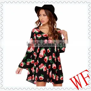 Wholesale 2014 Women Clothing Casual Rose Long Sleeves Loose Chiffon Dress thumbnail-1