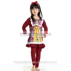 2016 Christmas Kaiya Fall Red and Black Stripe Cotton Top Dress and Pant Long Sleeve Little Girls Boutique Remake Clothing Sets thumbnail-1