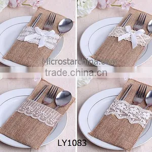 IN STOCK HandMade Wedding Silverware Lace Cutlery Burlap Holder Pocket thumbnail-4