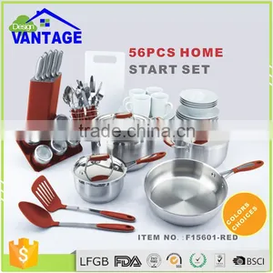 56pcs Red Stainless Steel Non-stick Kitchenware Set With Kitchen Utensils thumbnail-1