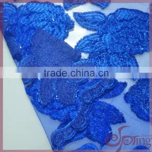 2016 Blue Lace Guipure Glitter Fabric for Evening Fancy Dress With Organza Lace With Sequins thumbnail-4