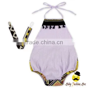 Summer Kids Gray Cotton Halter Blank Bodysuit Infant Newborn Baby Girl Vintage Romper Matching Pacifier Clips Gift Set thumbnail-4