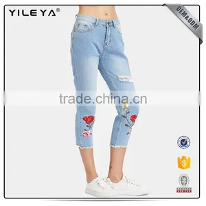 2017 Fashion Slim Fit Straight Leg High Waisted Embroidered Denim Pants Casual Women's Jeans thumbnail-1