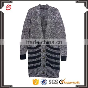 Newly Arrival Thick Black Strips Pattern Cardigan Knitwear for Women With Button Fastening and Two Waist Pockets thumbnail-1