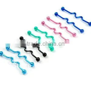 Wholesale New Hot Charm 14G 316L Surgical Stainless Steel Plate Anodized Piercing Wavy Industrial Barbell Tongue Ring thumbnail-1