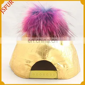 Luxury Gold Colour Spring Hat Raccoon Pompom Fur Cap thumbnail-3