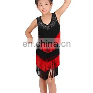 Hot Drill Black and Red Tassel Ballroom Children Kids Latin Dance Costume Dress ET-024 thumbnail-1