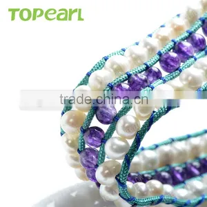 Topearl Jewelry Fashionable Potato Freshwater Pearl Bracelet Amethyst Bracelet Woven Leather Wrap Bangle CLL175 thumbnail-3