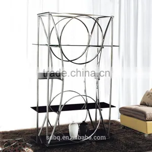PT-L006 2016 New Design Unique Stainless Steel Library Book Shelf With Tempered Glass Top thumbnail-1