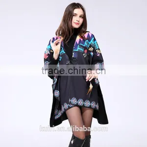 Brand Fashion Womens Autumn Winter Warm Flower Pattern Slit Wool Blend Plaid Blanket Cloak Poncho Cape Coat thumbnail-3