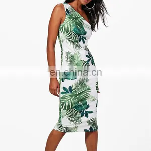 Custom High Quality Tropical Print One Shoulder Bodycon Women Midi Dress thumbnail-3