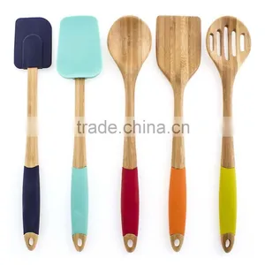 2015 New Style HOT Color Bamboo Wooden and Long Silicone Handle Kitchen Utensil Gift Cutlery Set thumbnail-1