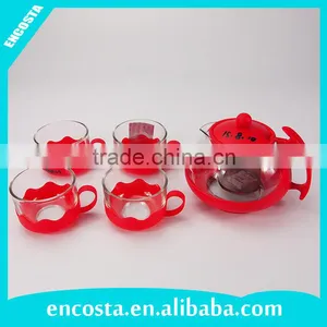 Cheap Red Glass Teapot Sets With 4 Cups and Plastic Holder thumbnail-1