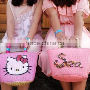 Eco-friendly Short Handle, Pink Baby Straw Woven Beach Bag, Tote Bag Beach thumbnail-1