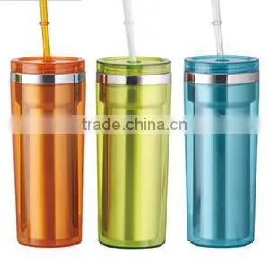 350ml/450ml Stainless Steel Inner Steel Outer Plastic Double Layer Cup With Straw thumbnail-1